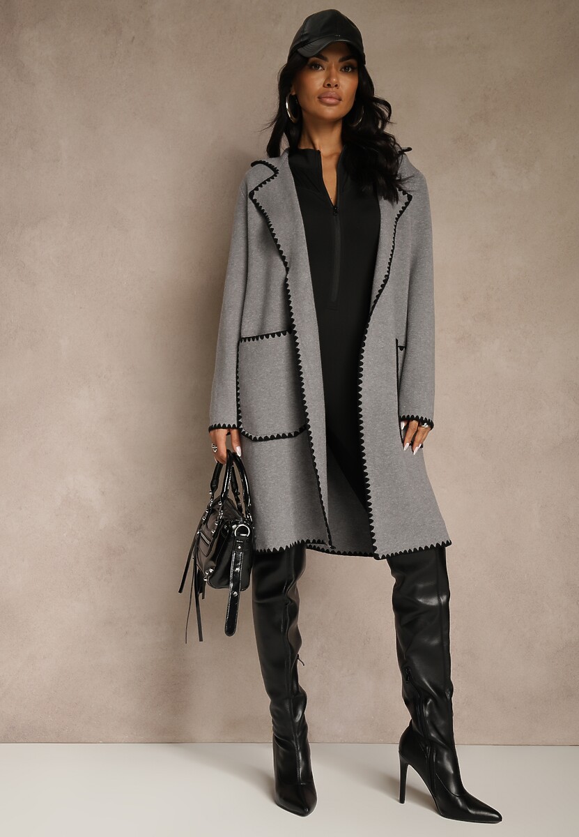 Szary Kardigan z Haftowaną Lamówką Tuscele