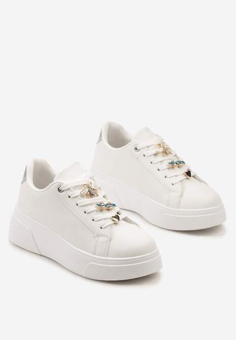 Biało-Srebrne Casualowe Sneakersy na Platformie z Cyrkoniami i Zawieszkami na Sznurowadłach Timawel