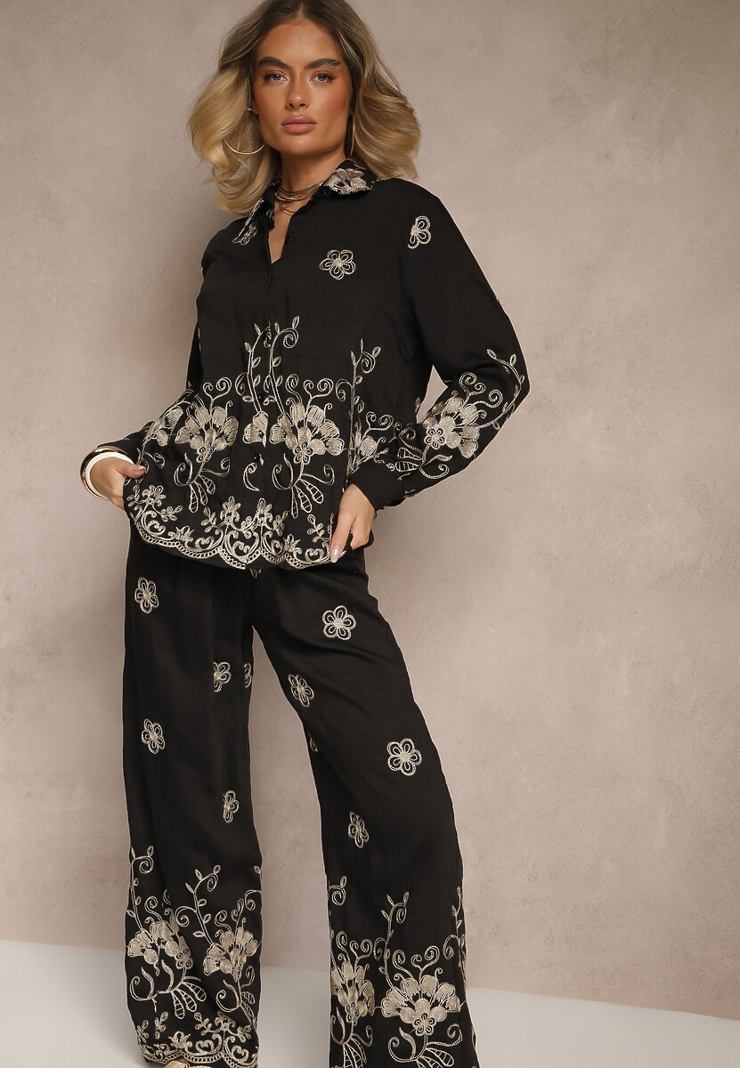 Czarny Komplet z Bawełny Spodnie i Koszula Ozdobiony Metaliczną Nicią i Haftem Cleore
