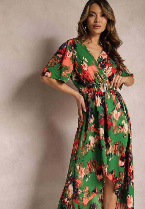 Zielono-Czerwona Asymetryczna Sukienka z Gumką w Pasie i Kopertowym Dekoltem Perlana