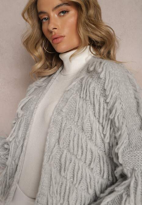 Szary Niezapinany Kardigan z Frędzlami Segentri