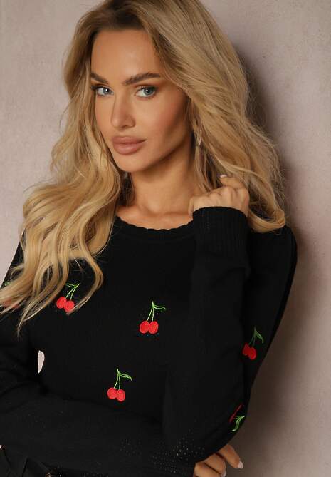 Czarny Sweter z Wiskozą i Ozdobną Perforacją z Aplikacjami w Kształcie Wisienek Niriala