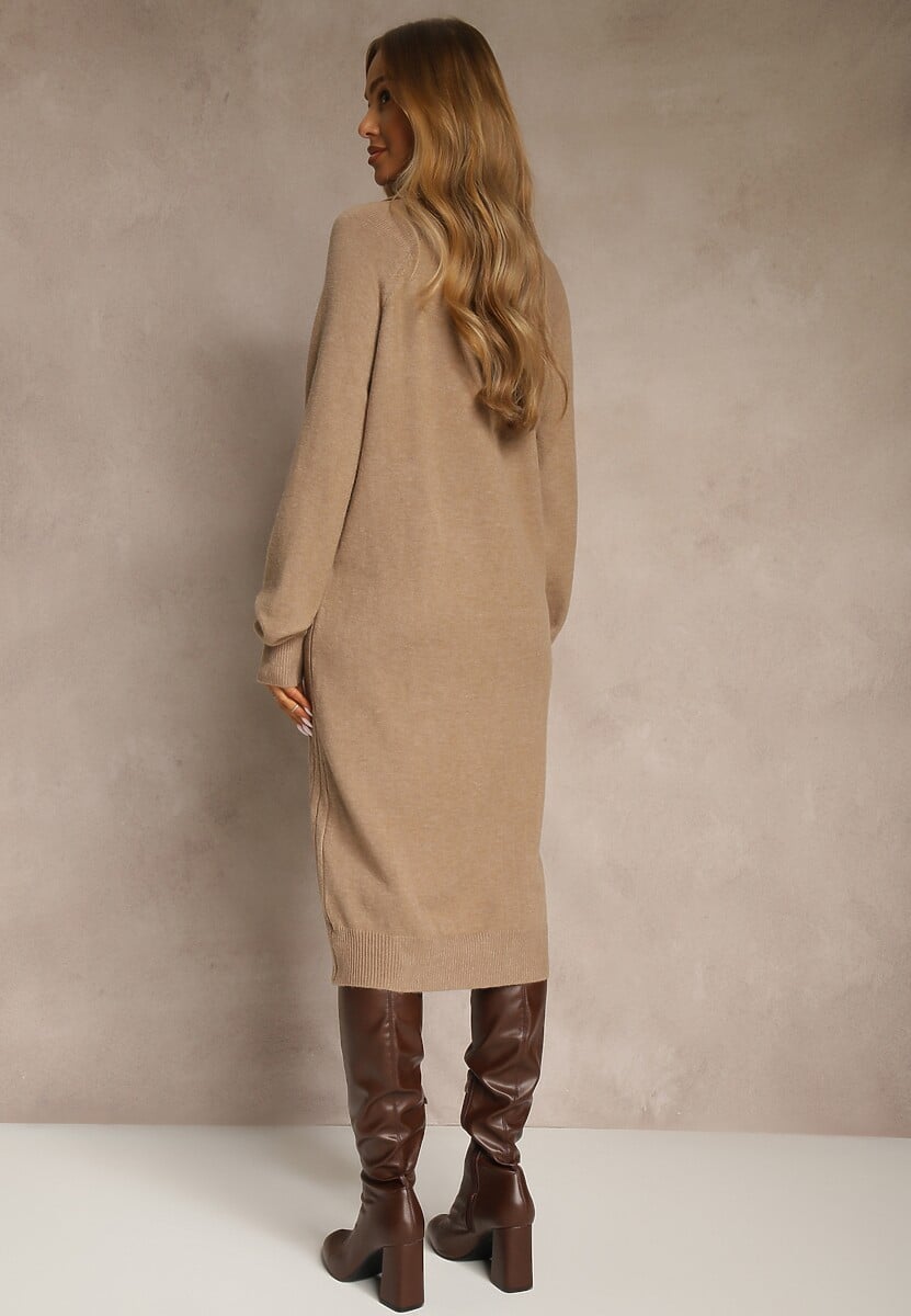 Beżowa Sweterkowa Sukienka z Bawełną i Wełną Ozdobiona Suwakiem Reinda