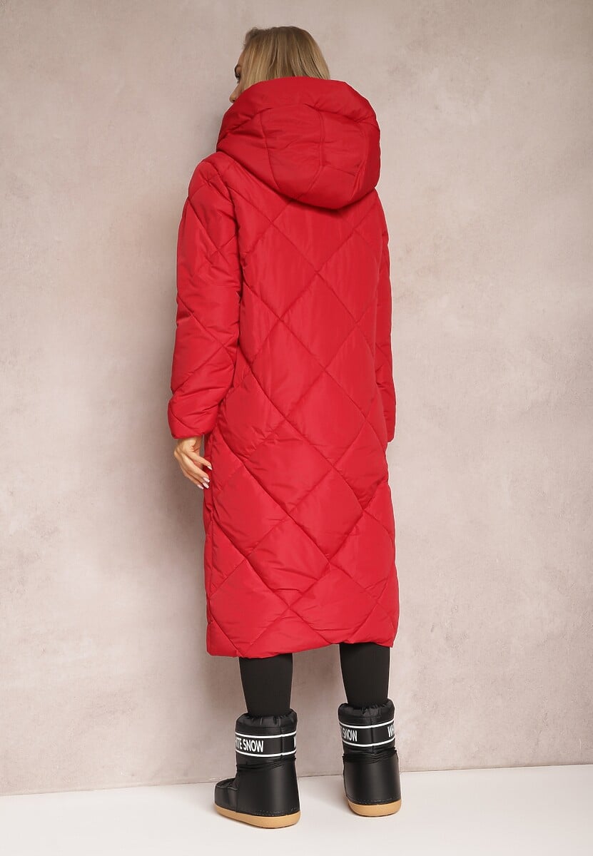 Czerwona Pikowana Kurtka Płaszcz za Kolano z Kapturem Kinassan