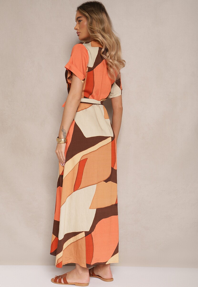 Jasnobrązowa Wiskozowa Sukienka Koszulowa z Paskiem w Geometryczny Print Falintia