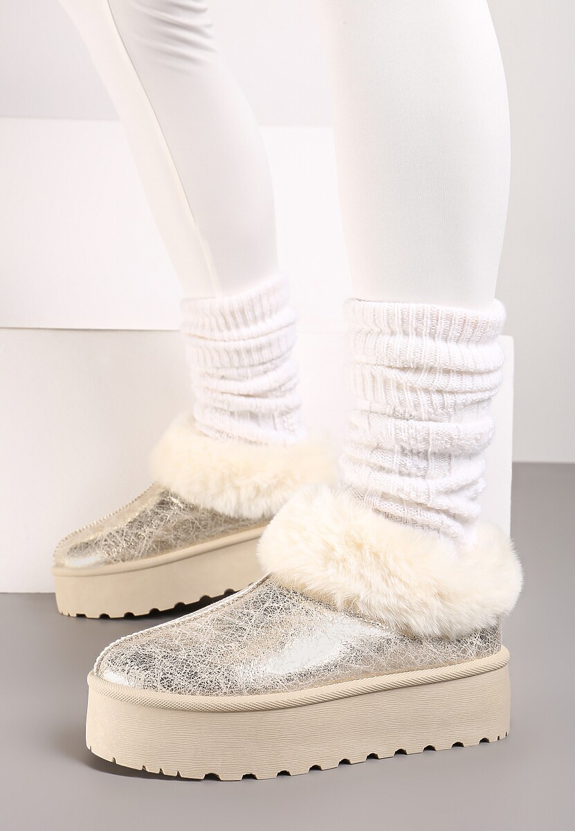 Złote Krótkie Śniegowce Wsuwane na Grubej Podeszwie Ozdobione Futerkiem Azida