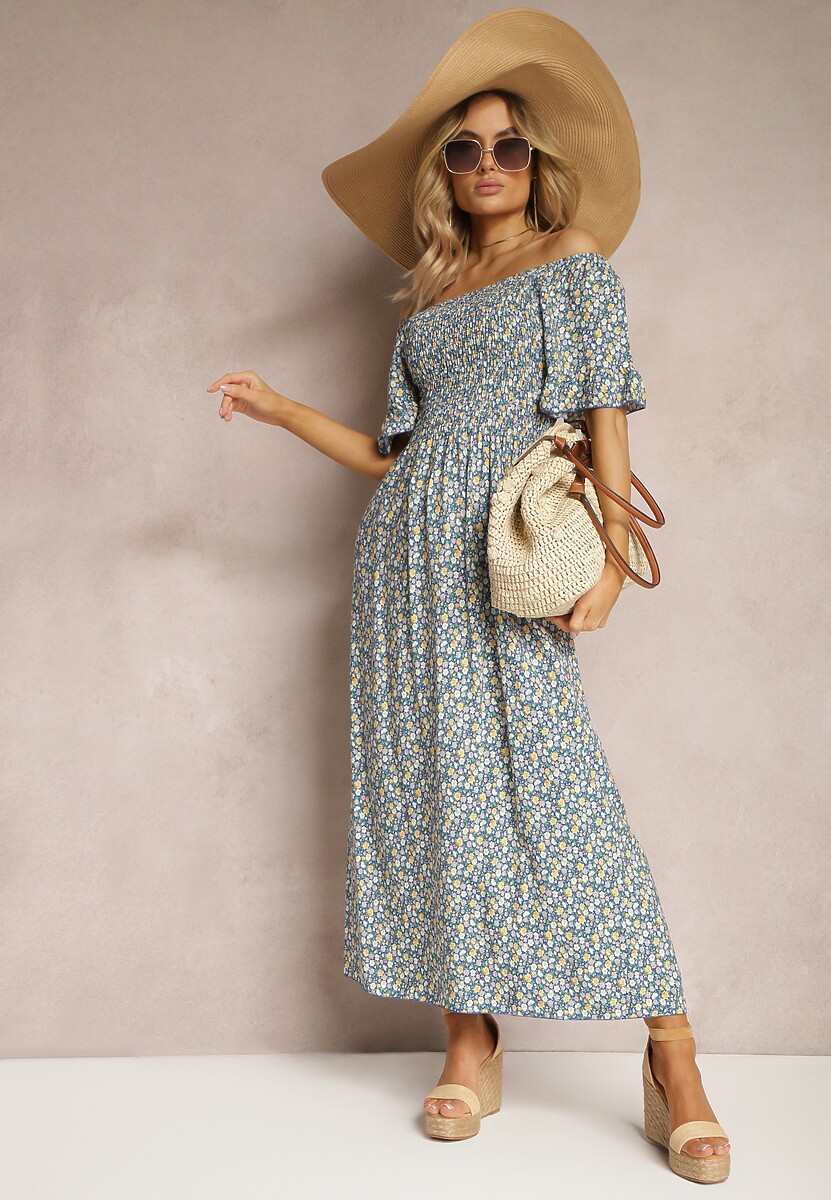 Niebieska Sukienka Hiszpanka z Elastycznym Dekoltem i Rozkloszowanym Dołem z Bawełny Coralinma