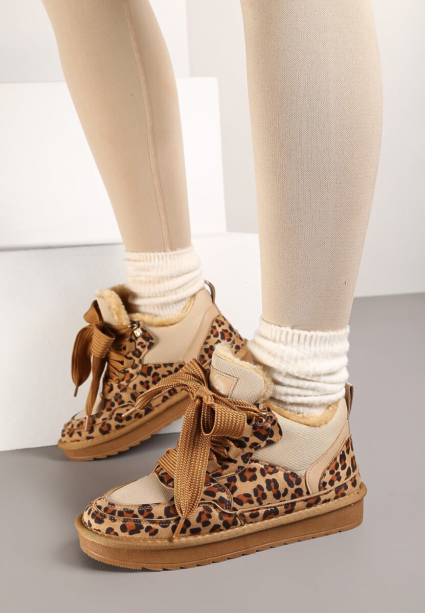 Brązowe Zimowe Sneakersy Vices Stylizowane na Śniegowce z Futerkiem i Wzorem w Panterkę Tennira