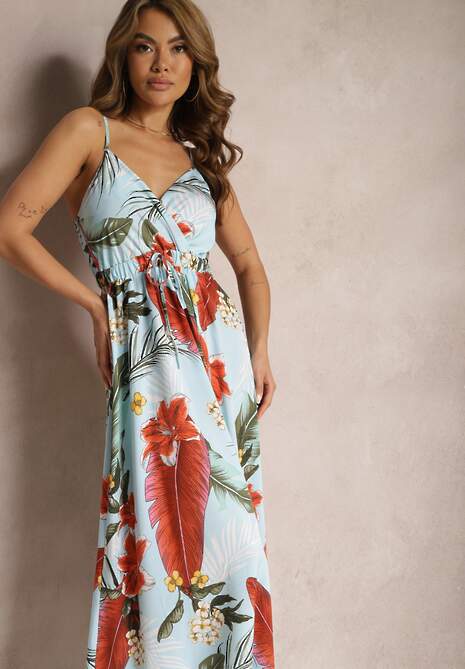 Jasnoniebieska Wiskozowa Sukienka Rozkloszowana o Kopertowym Dekolcie na Ramiączkach Filinestia