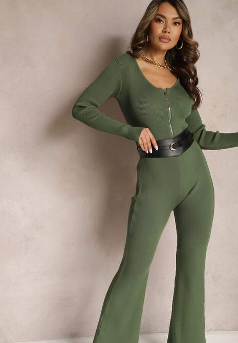 Zielony Kombinezon Bodycon z Prążkowanej Wiskozy ze Spodniami Typu Dzwony i Suwakiem Lavirna