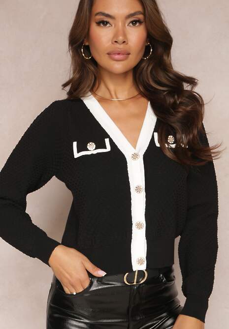 Czarny Kardigan na Guziki z Trójkątnym Dekoltem Xilmal