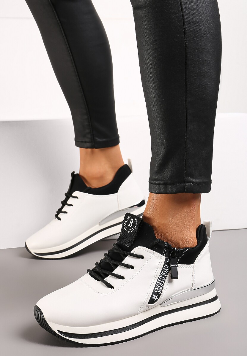 Biało-Czarne Sznurowane Sneakersy na Niskiej Platformie z Ozdobnym Suwakiem Alirapa