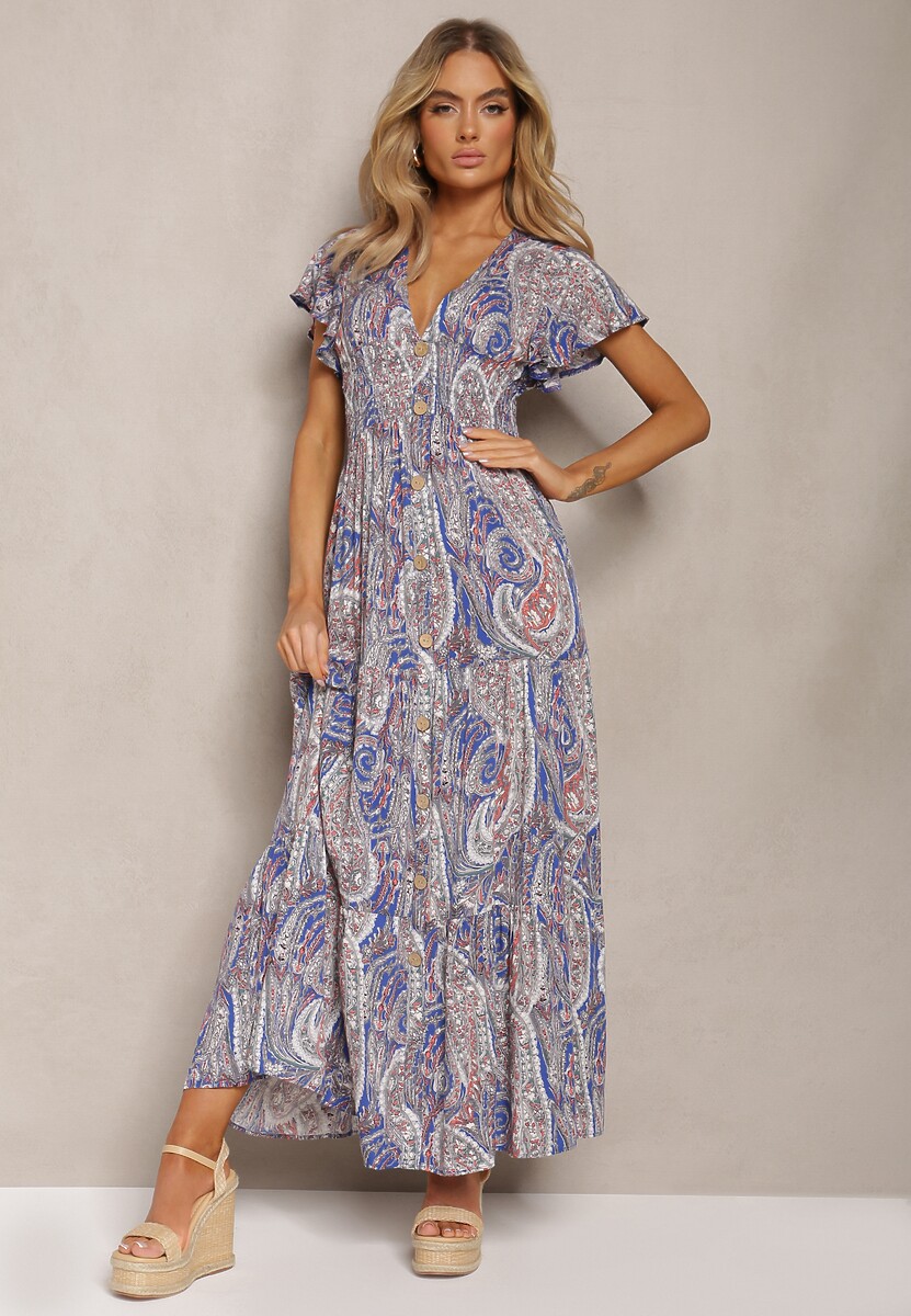 Granatowo-Beżowa Rozkloszowana Sukienka Maxi na Guziki Ozdobiona Etnicznym Wzorem Kleriala