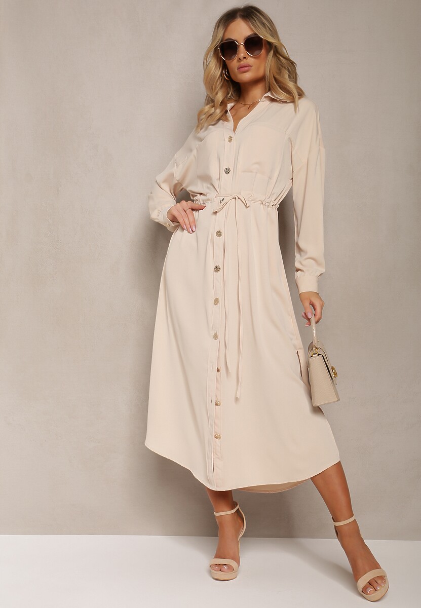 Czarna Sukienka o Koszulowym Fasonie z Elastycznym Troczkiem w Talii Verulea