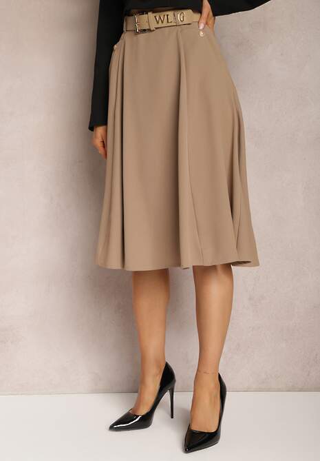 Beżowa Gładka Spódnica o Rozkloszowanym Fasonie z Paskiem i Podszewką Zinrace