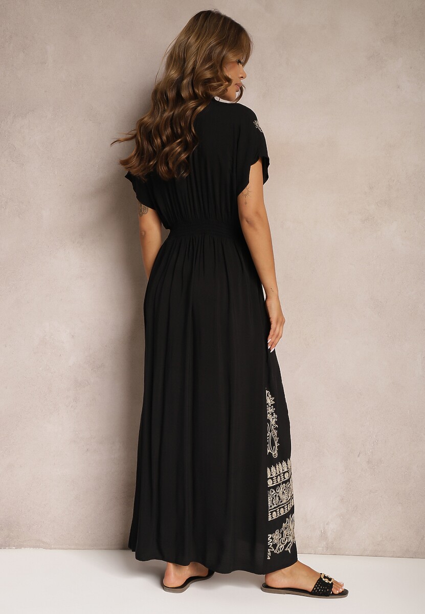 Czarna Koszulowa Sukienka z Bawełną i Gumkami w Talii Zapinana na Guziki Fosofia