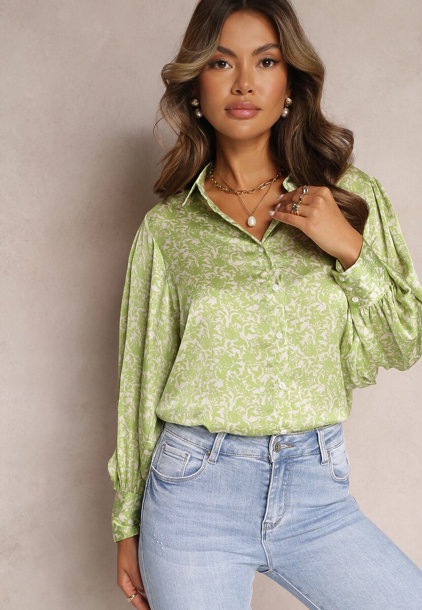 Zielona Kwiecista Koszula z Bufiastym Rękawem z Mankietem Aris