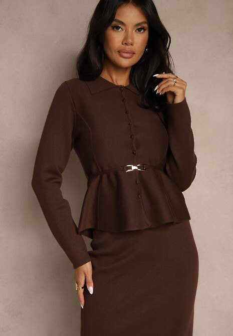 Brązowy Elegancki Komplet Garniturowy z Wiskozą Taliowana Marynarka i Spódnica Zaite