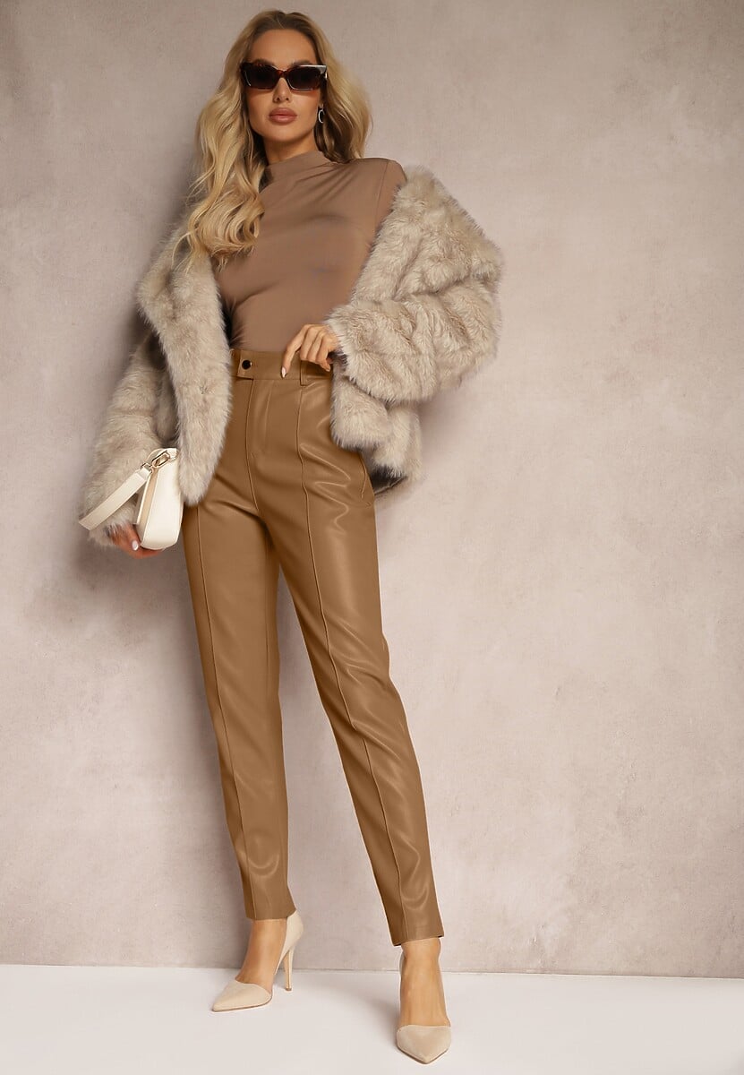 Jasnobrązowe Spodnie o Kroju Slim High Waist z Imitacji Skóry Iritharia