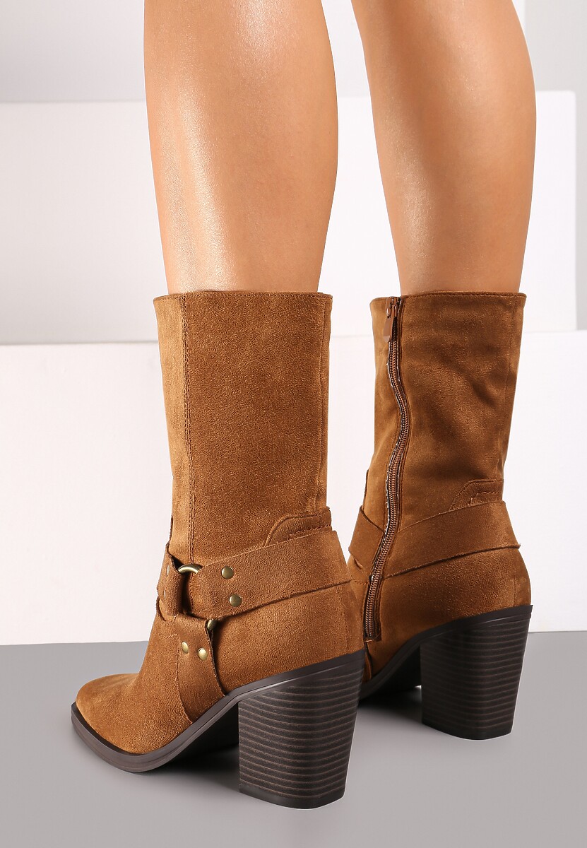 Brązowe Botki Bikery na Słupku Ozdobione Paskiem Miavella