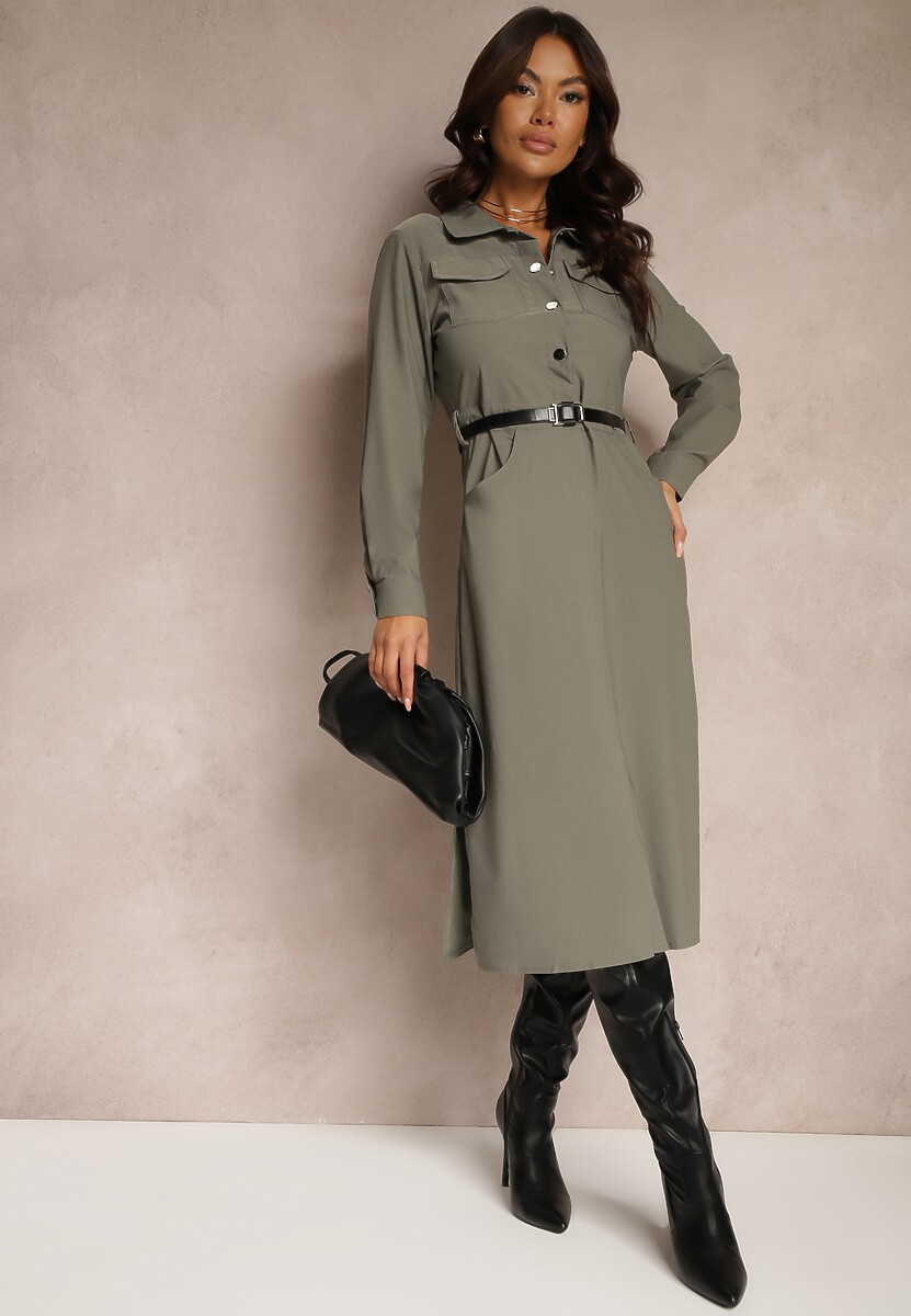 Czarna Koszulowa Sukienka z Ozdobnym Paskiem i Rozcięciami Ciarira