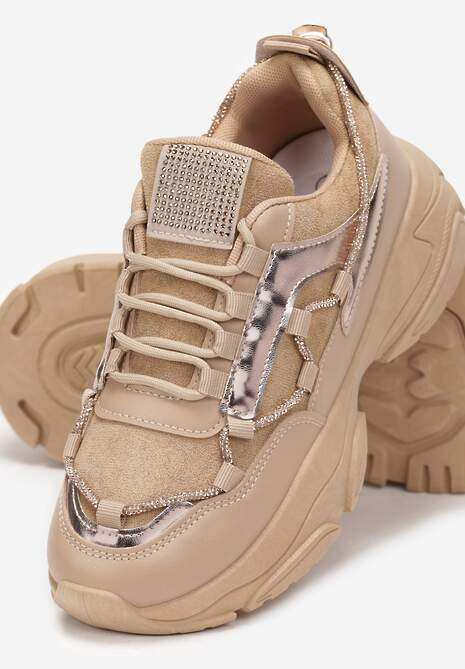 Ciemnobeżowe Sneakersy z Ozdobnym Sznureczkiem z Cyrkoniami Babeset