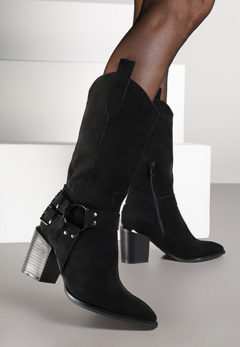 Ciemnobeżowe Kozaki Kowbojki w Stylu Bikerów na Słupku Ansabelle