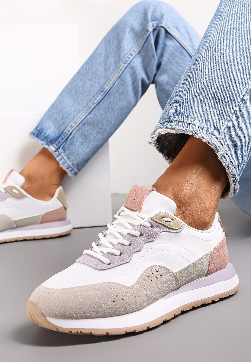 Biało-Fioletowe Sneakersy Zdobione Wstawkami z Imitacji Skóry Fayela