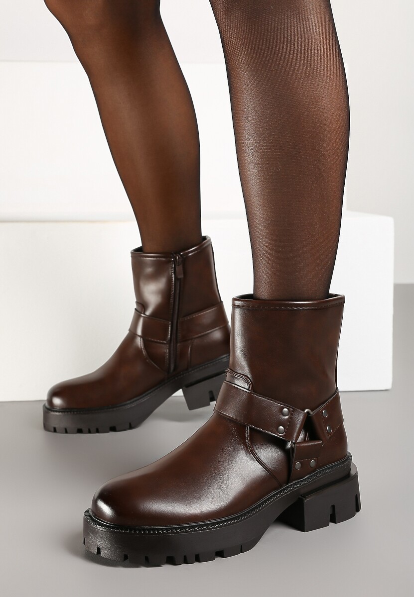 Brązowe Botki na Platformie w Stylu Bikerów Ozdobione Tłoczeniem i Klamrą Tineira