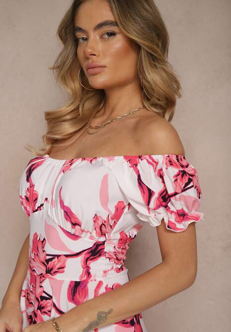 Jasnobeżowa Sukienka z Bawełną Rozkloszowana w Kwiatowy Print z Dekoltem Łódką Annirna