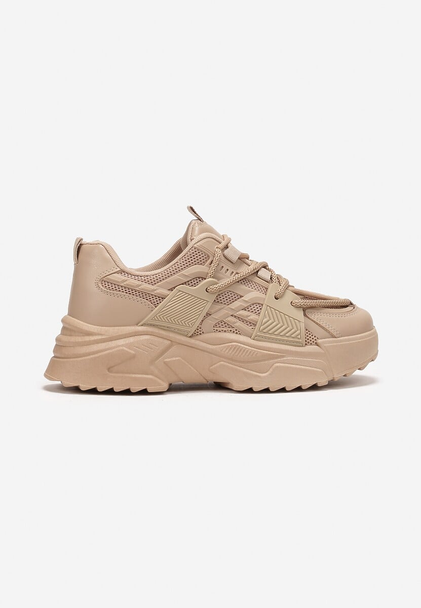 Ciemnobeżowe Sneakersy na Grubej Podeszwie z Sznurowaniem Paciva