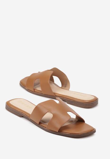 Brązowe Klapki z Imitacji Skóry na Płaskiej Podeszwie Hitesa