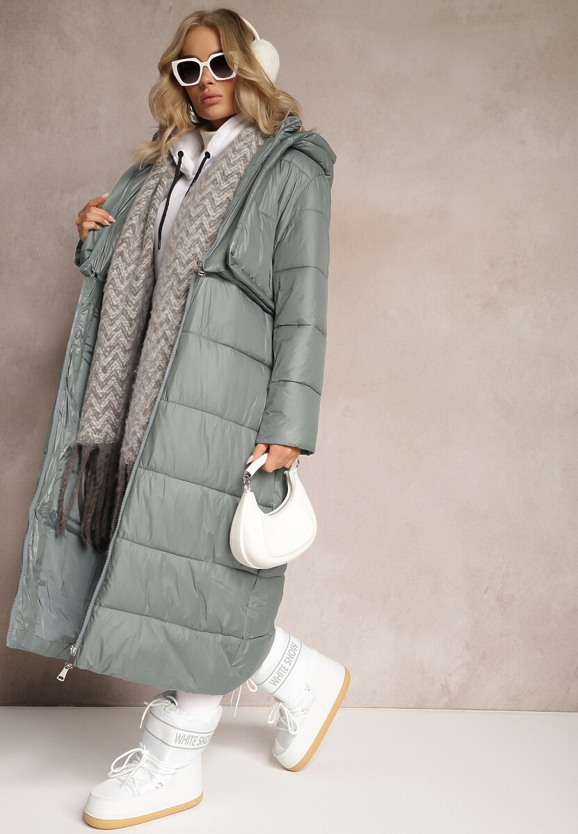 Zielona Pikowana Kurtka Płaszcz z Regulacją Długości Ortona