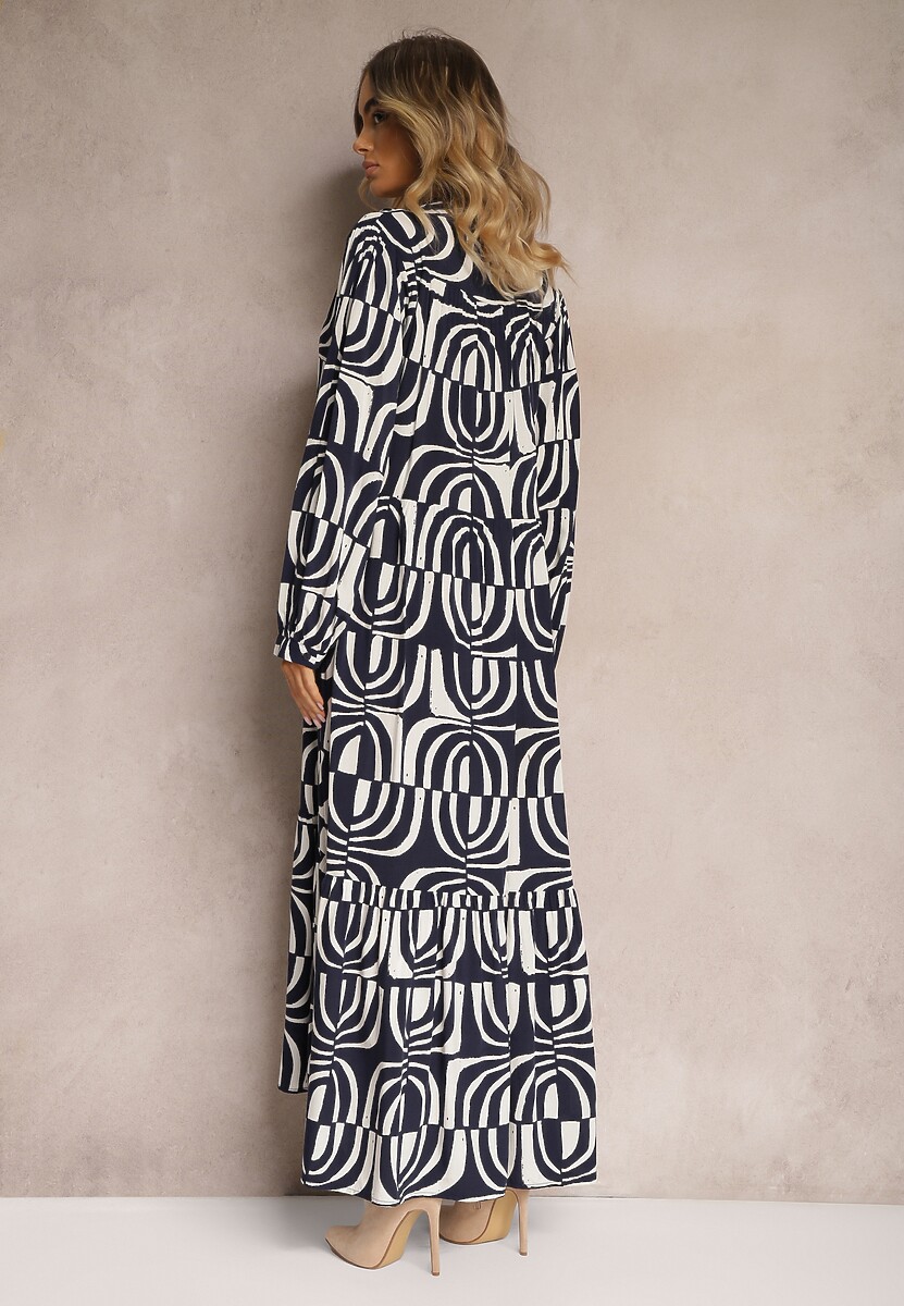 Granatowa Długa Sukienka Rozkloszowana w Geometryczne Wzory z Kołnierzykiem Skulle
