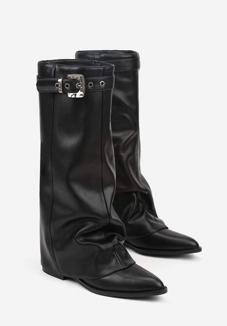 Czarne Kozaki ze Szpiczastym Noskiem i Wywiniętą Cholewką ze Sprzączką Tusenia