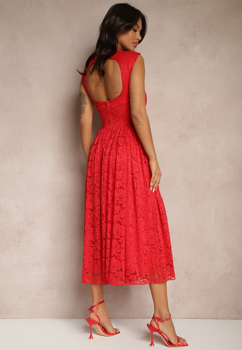 Czerwona Rozkloszowana Sukienka z Koronki z Wycięciem na Plecach Meltewia