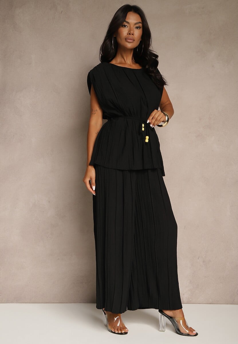 Czarny Komplet Zdobiony Plisami Bluzka z Wiązanym Paskiem i Szerokie Spodnie Gialle