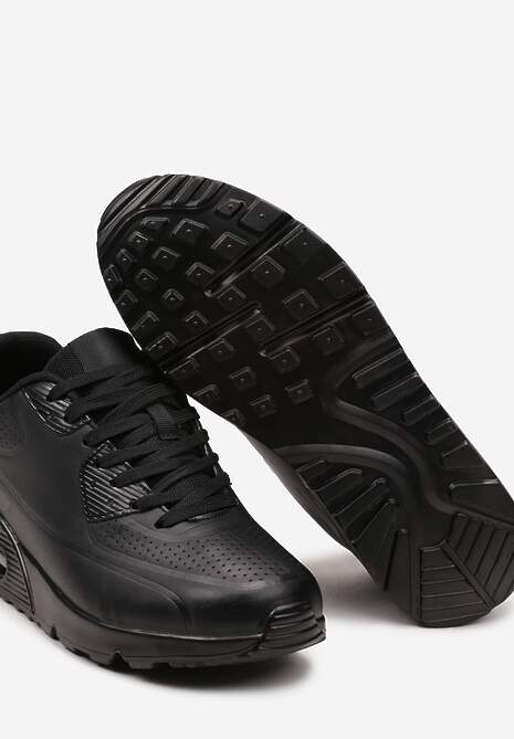 Czarne Casualowe Sneakersy na Płaskiej Podeszwie Ozdobione Perforacją i Transparentną Wstawką Dunelia