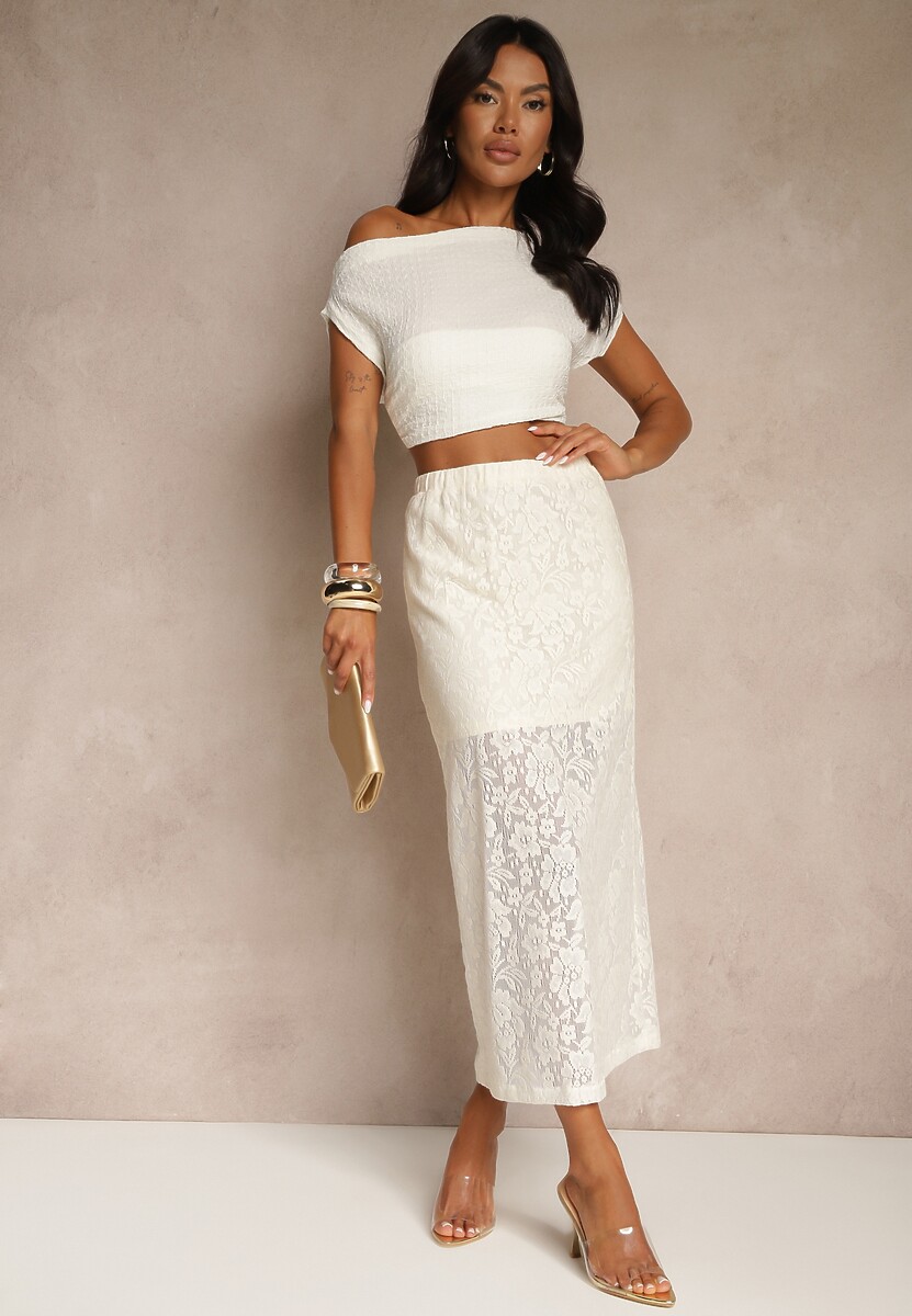 Beżowa Koronkowa Spódnica z Bawełny o Prostym Fasonie Aleona