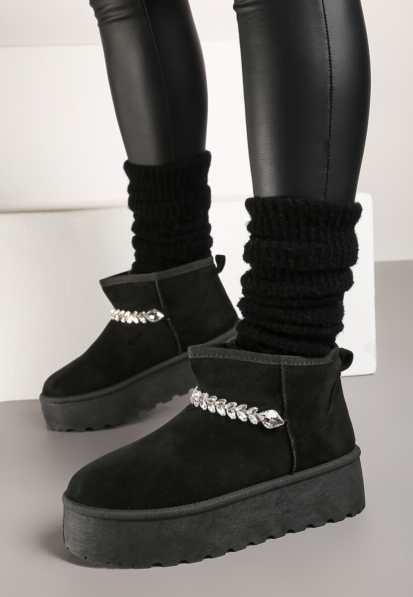 Czarne Śniegowce na Grubej Podeszwie z Ekozamszu Ozdobione Cyrkoniowym Łańcuszkiem Ninnalith