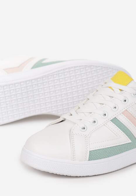 Biało-Miętowe Sznurowane Sneakersy na Płaskiej Podeszwie z Kolorowymi Wstawkami Karera