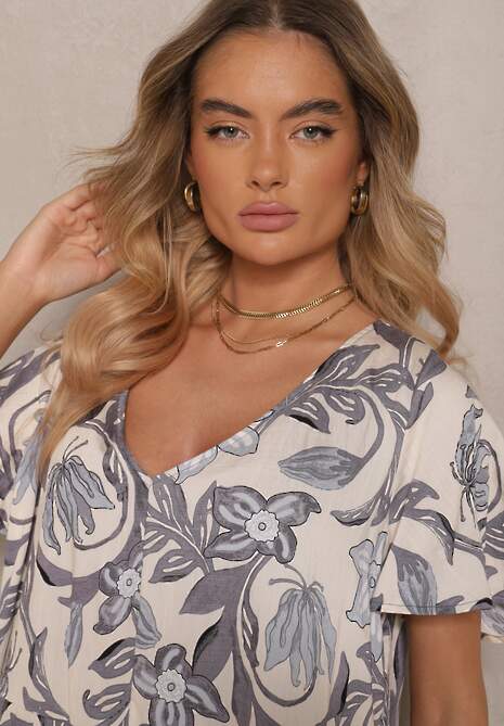 Szara Sukienka Wiskozowa o Pudełkowym Kroju w Kwiatowy Print Ranisla