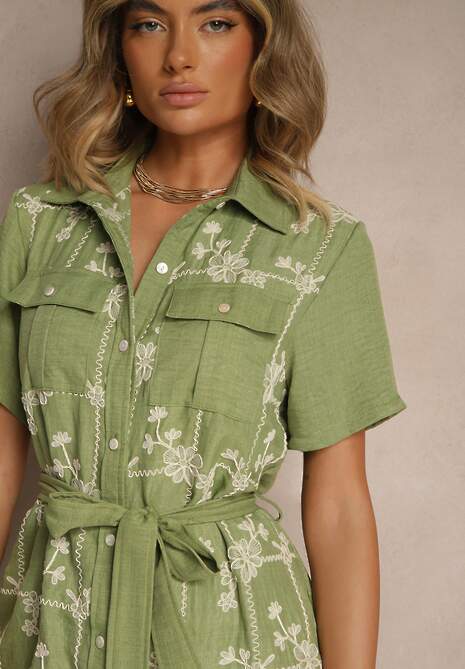 Zielona Koszulowa Sukienka z Wiązanym Paskiem Zdobiona Haftem Malinnessa