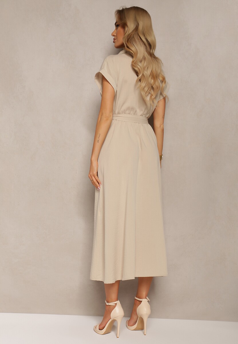 Beżowa Sukienka o Rozkloszowanym Kroju Zapinana na Guziki z Materiałowym Paskiem Moaril