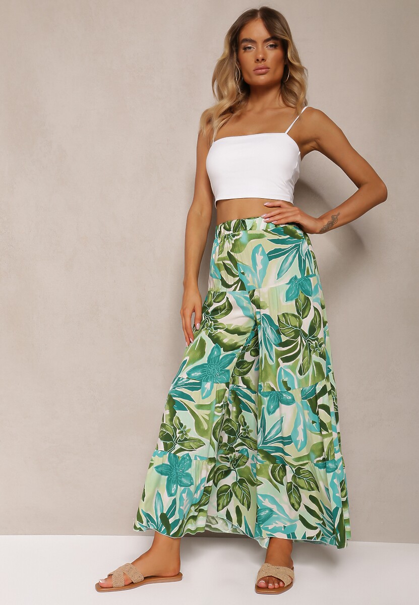 Niebiesko-Różowe Wiskozowe Spodnie z Wysokim Stanem i Szerokimi Nogawkami z Gumką w Talii Nansialia