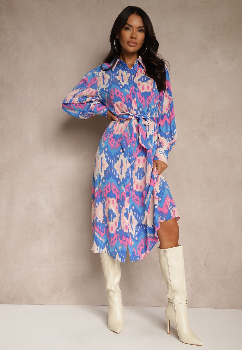 Niebiesko-Różowa Sukienka Midi o Koszulowym Fasonie Ozdobionym Wzorem w Stylu Etno Thailven