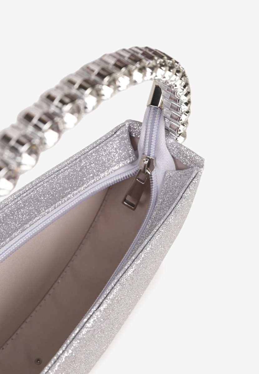 Srebrna Okrągła Torebka Koktajlowa Ozdobiona Cyrkoniami i Brokatem Fesimala