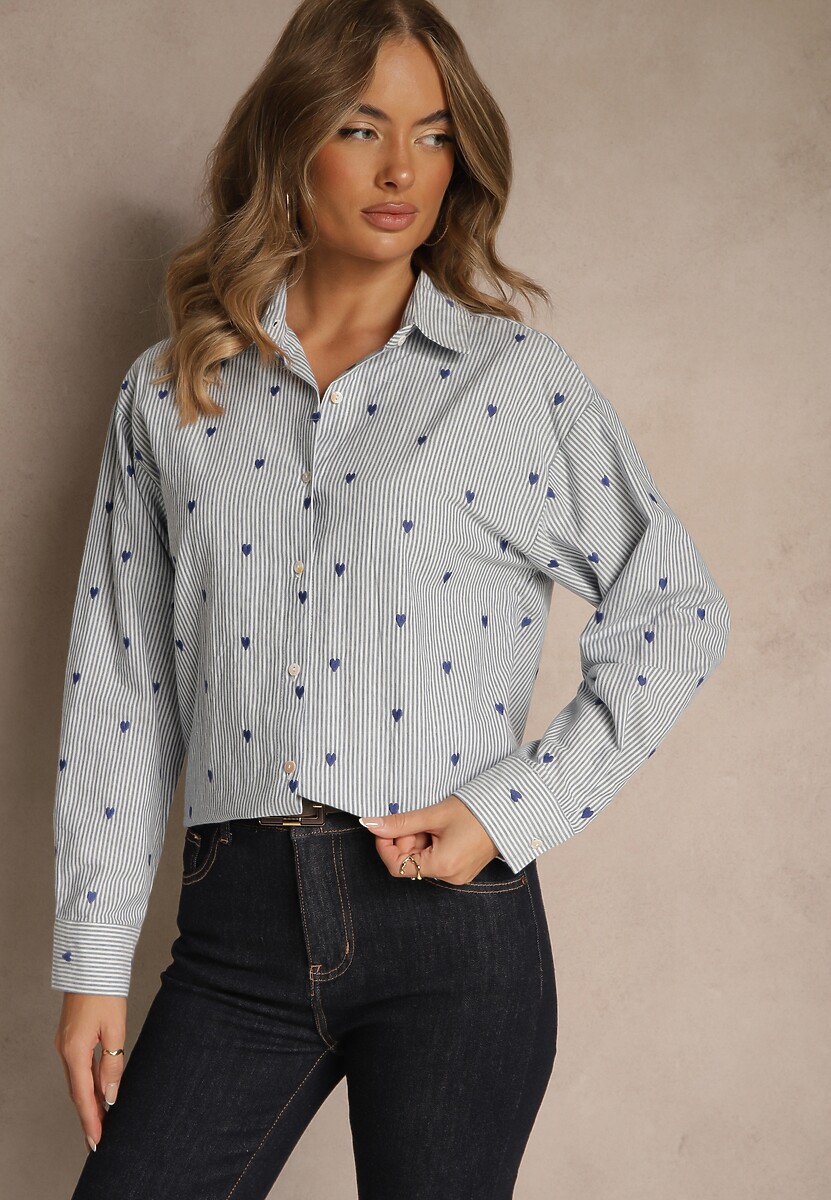 Niebieska Koszula z Bawełny w Serduszka i Drobne Paseczki Fenimalla