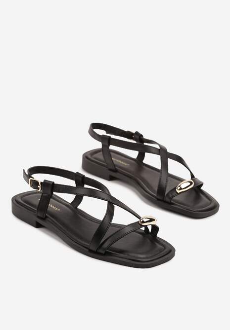 Czarne Płaskie Sandały z Cienkich Paseczków z Metaliczną Ozdobą Sorimea
