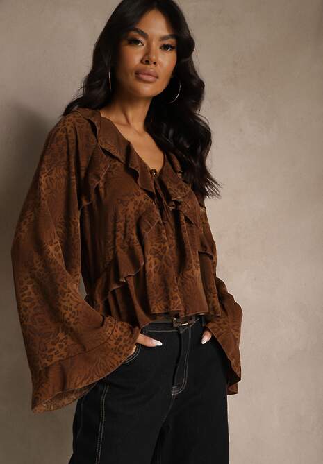 Brązowa Bluzka w Panterkę z Szerokimi Rękawami Zdobiona Falbankami Enntia